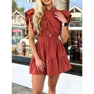 NWT Reset By Jane Dress SM Wrapped Mini Dress Redwood Rust Ruffle Linen Cotton